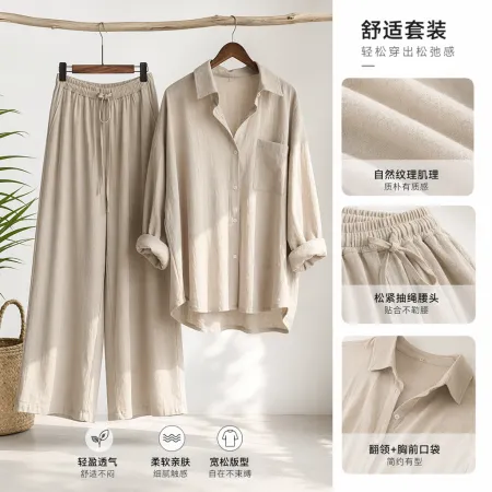 A beige pure cotton shirt paired with flowing beige wide-leg pants for women's summer wear A beige pure cotton shirt paired with flowing beige wide-leg pants for women's summer wear